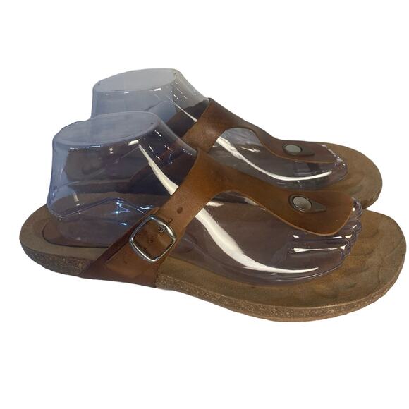 Yokono Leather Brown T Strap Thong Cork Footbed Flip Flop Adjustable Sandal 9.5 - Picture 2 of 7